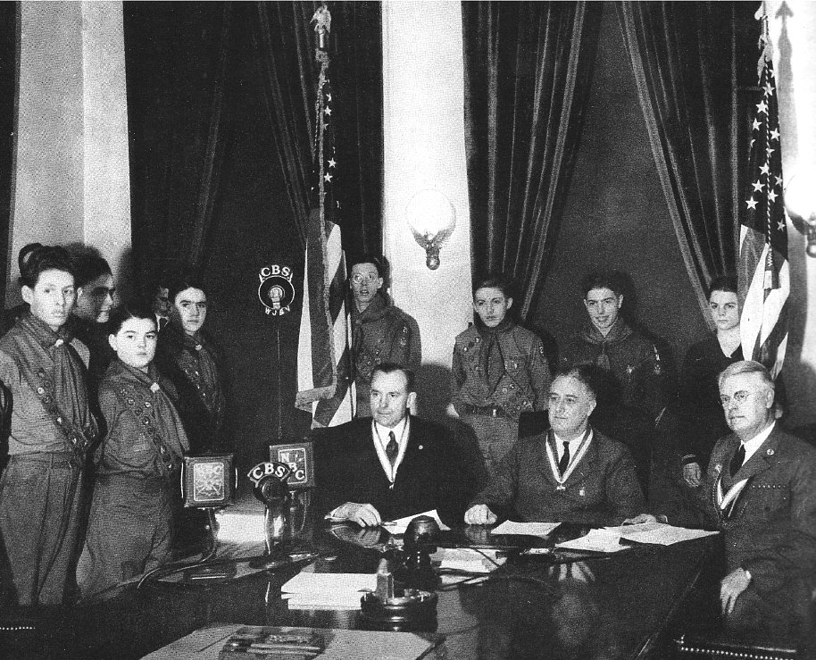 White House, 1937 — James E. West with President Franklin D. Roosevelt and Walter W. Head